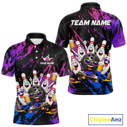 Custom Blue Purple Funny Bowling Pins Beer Bowling Shirts For Men Personalized Bowling Team Jersey TDM7255