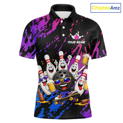 Custom Blue Purple Funny Bowling Pins Beer Bowling Shirts For Men Personalized Bowling Team Jersey TDM7255
