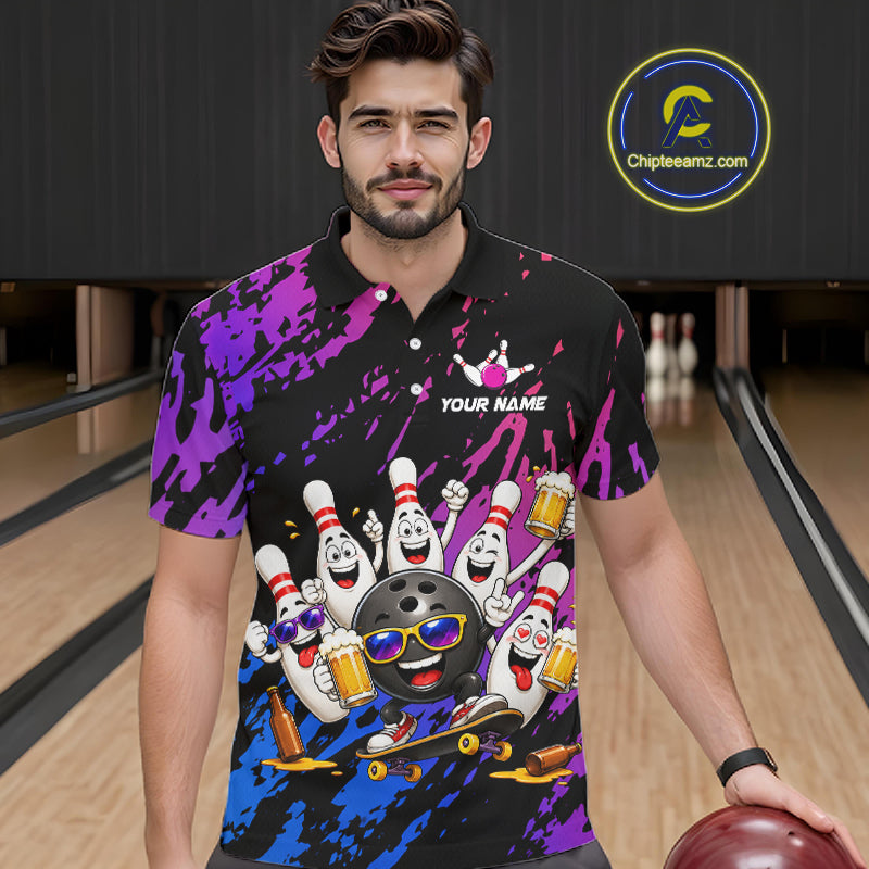 Custom Blue Purple Funny Bowling Pins Beer Bowling Shirts For Men Personalized Bowling Team Jersey TDM7255