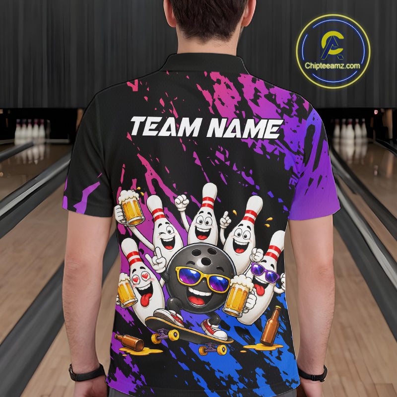 Custom Blue Purple Funny Bowling Pins Beer Bowling Shirts For Men Personalized Bowling Team Jersey TDM7255