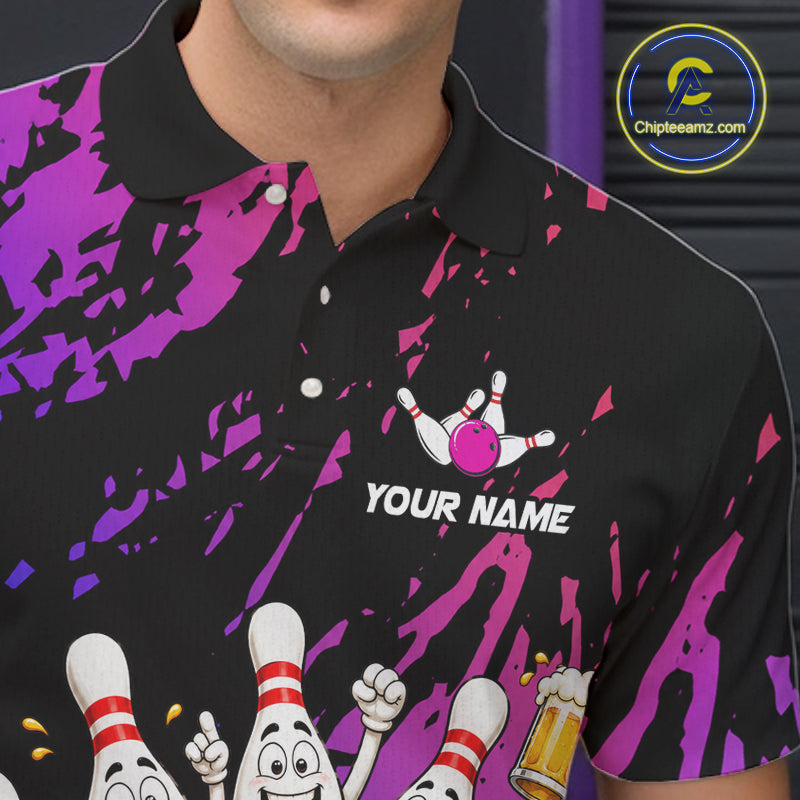 Custom Blue Purple Funny Bowling Pins Beer Bowling Shirts For Men Personalized Bowling Team Jersey TDM7255
