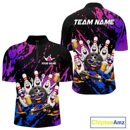 Custom Blue Purple Funny Bowling Pins Beer Bowling Shirts For Men Personalized Bowling Team Jersey TDM7255