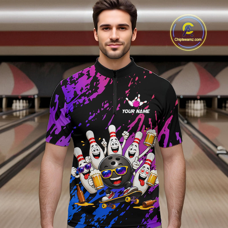 Custom Blue Purple Funny Bowling Pins Beer Bowling Shirts For Men Personalized Bowling Team Jersey TDM7255
