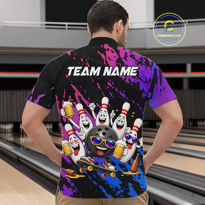 Custom Blue Purple Funny Bowling Pins Beer Bowling Shirts For Men Personalized Bowling Team Jersey TDM7255