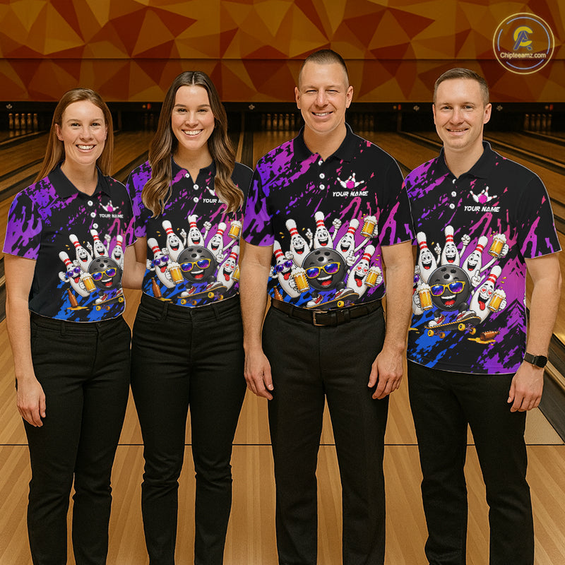 Custom Blue Purple Funny Bowling Pins Beer Bowling Shirts For Men Personalized Bowling Team Jersey TDM7255