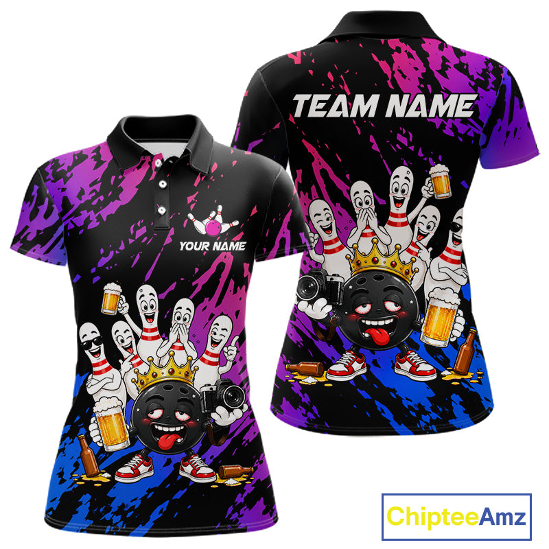 Custom Blue Purple Funny Drunk Bowling Pins Crown Bowling Shirts For Women, Bowling Team Jersey TDM7256