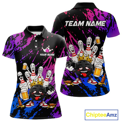 Custom Blue Purple Funny Drunk Bowling Pins Crown Bowling Shirts For Women, Bowling Team Jersey TDM7256