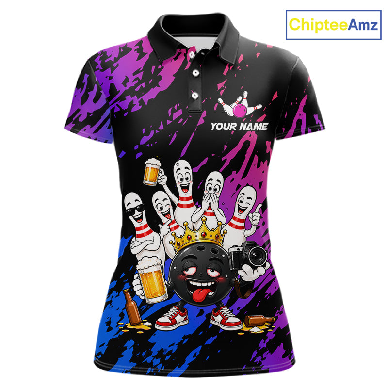 Custom Blue Purple Funny Drunk Bowling Pins Crown Bowling Shirts For Women, Bowling Team Jersey TDM7256