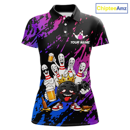 Custom Blue Purple Funny Drunk Bowling Pins Crown Bowling Shirts For Women, Bowling Team Jersey TDM7256