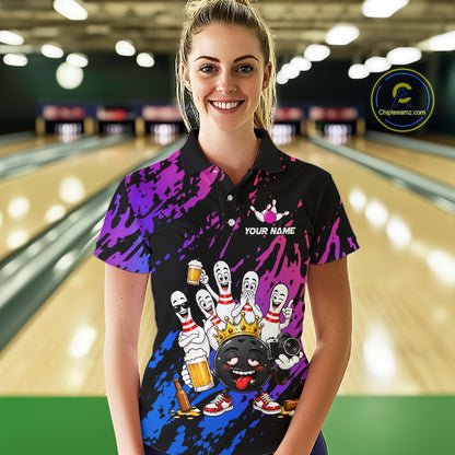 Custom Blue Purple Funny Drunk Bowling Pins Crown Bowling Shirts For Women, Bowling Team Jersey TDM7256