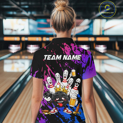 Custom Blue Purple Funny Drunk Bowling Pins Crown Bowling Shirts For Women, Bowling Team Jersey TDM7256