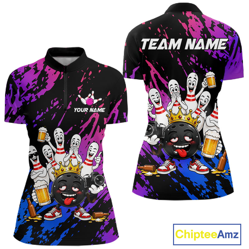 Custom Blue Purple Funny Drunk Bowling Pins Crown Bowling Shirts For Women, Bowling Team Jersey TDM7256