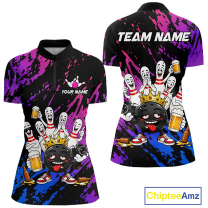 Custom Blue Purple Funny Drunk Bowling Pins Crown Bowling Shirts For Women, Bowling Team Jersey TDM7256