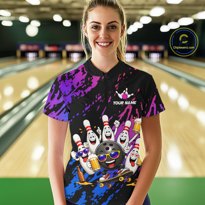 Custom Blue Purple Funny Drunk Bowling Pins Crown Bowling Shirts For Women, Bowling Team Jersey TDM7256