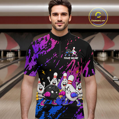 Custom Blue And Purple Funny Boxing Bowling Shirts For Men Bowling Team Jersey, Gift For Bowlers TDM7257