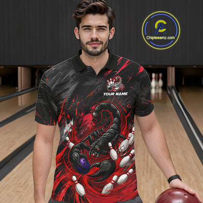 Custom Black And Red Grunge Scorpion Bowling Jersey For Men, Bowling Team Shirts Polo, Quarter Zip TDM7260