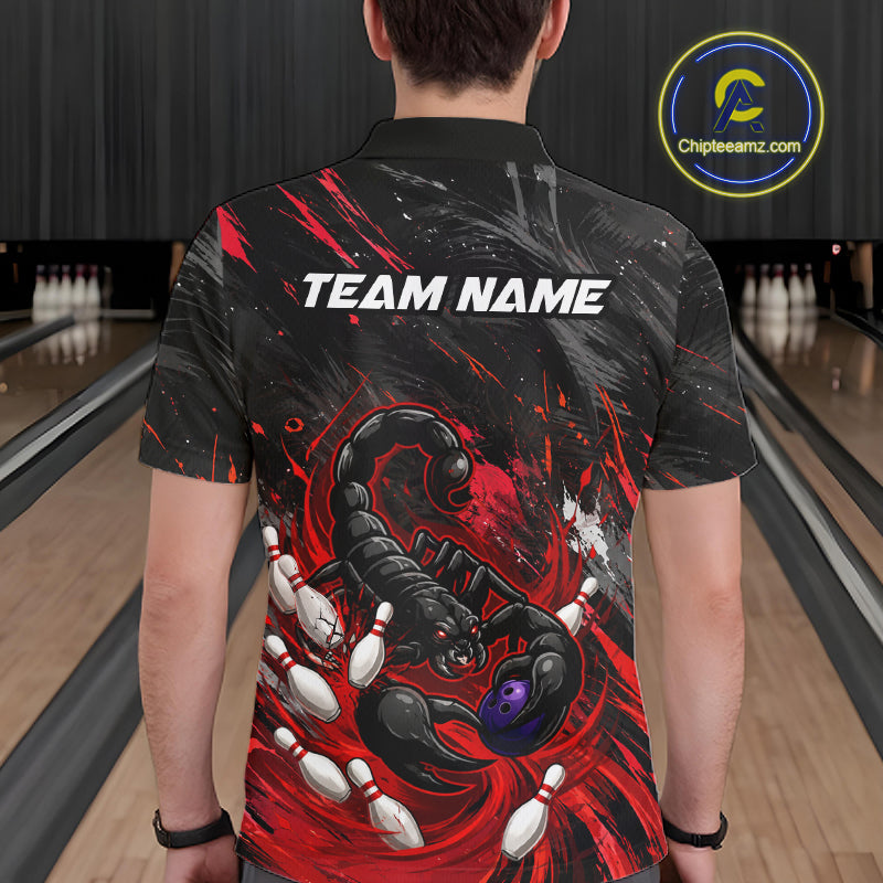 Custom Black And Red Grunge Scorpion Bowling Jersey For Men, Bowling Team Shirts Polo, Quarter Zip TDM7260