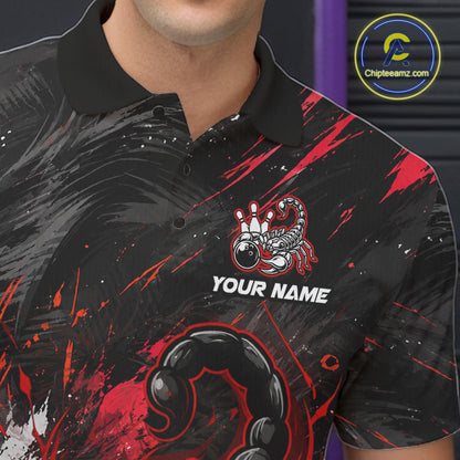 Custom Black And Red Grunge Scorpion Bowling Jersey For Men, Bowling Team Shirts Polo, Quarter Zip TDM7260