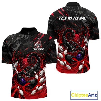Custom Black And Red Grunge Scorpion Bowling Jersey For Men, Bowling Team Shirts Polo, Quarter Zip TDM7260
