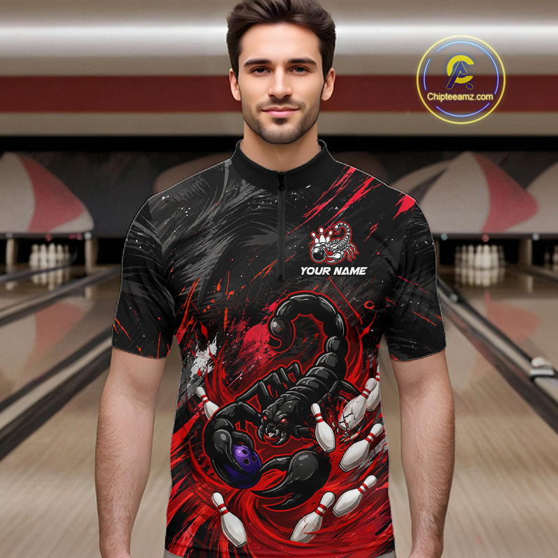 Custom Black And Red Grunge Scorpion Bowling Jersey For Men, Bowling Team Shirts Polo, Quarter Zip TDM7260