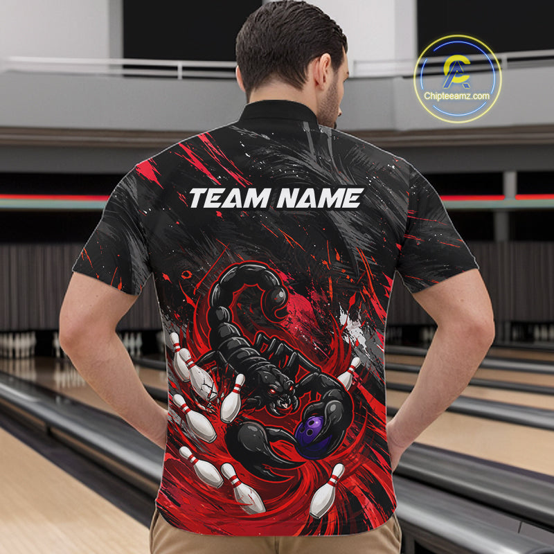 Custom Black And Red Grunge Scorpion Bowling Jersey For Men, Bowling Team Shirts Polo, Quarter Zip TDM7260