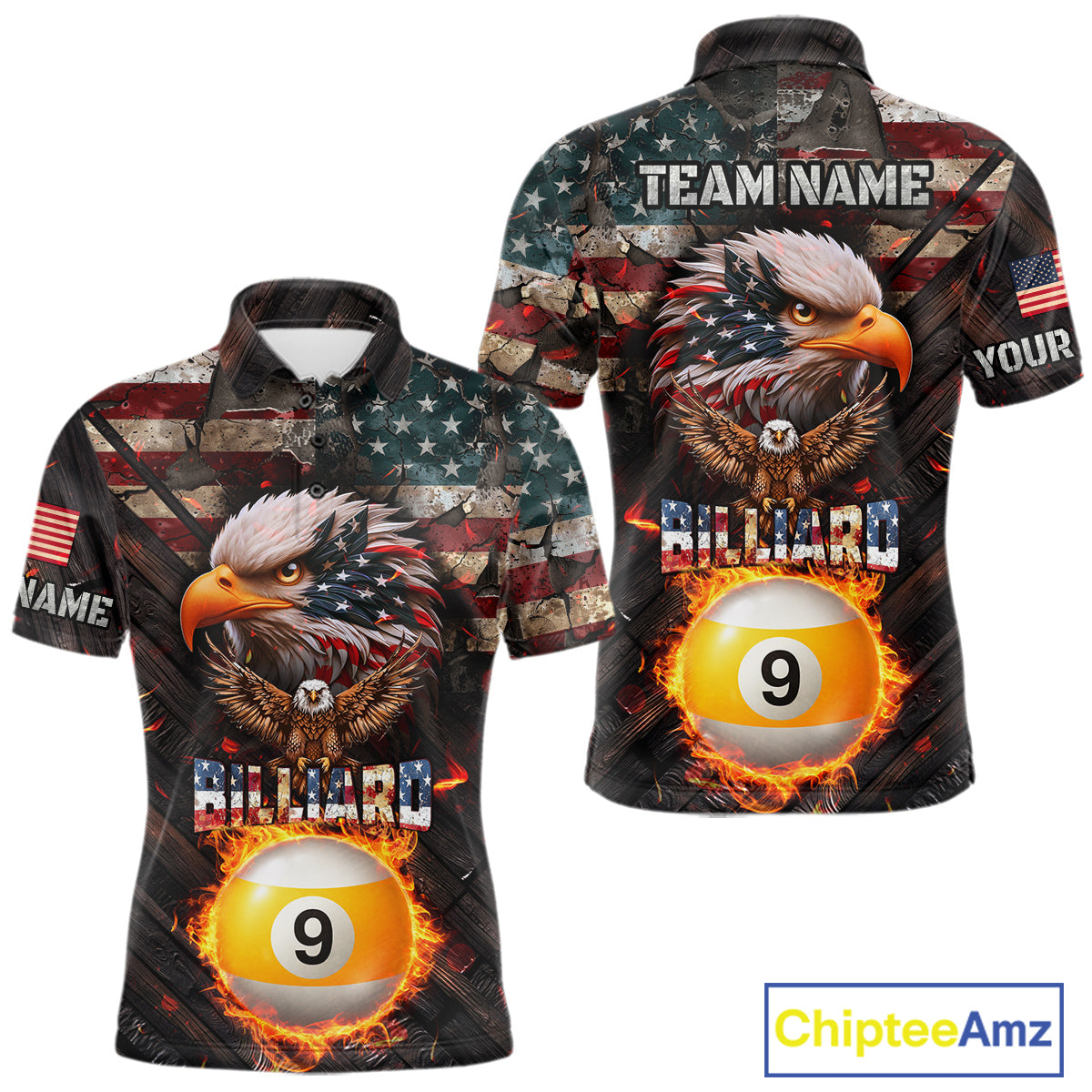 American Flag 9 Ball Fire Custom Eagle Billiard Shirt For Men, Patriotic Pool Jersey Polo, 1/4 Zip TDM5931