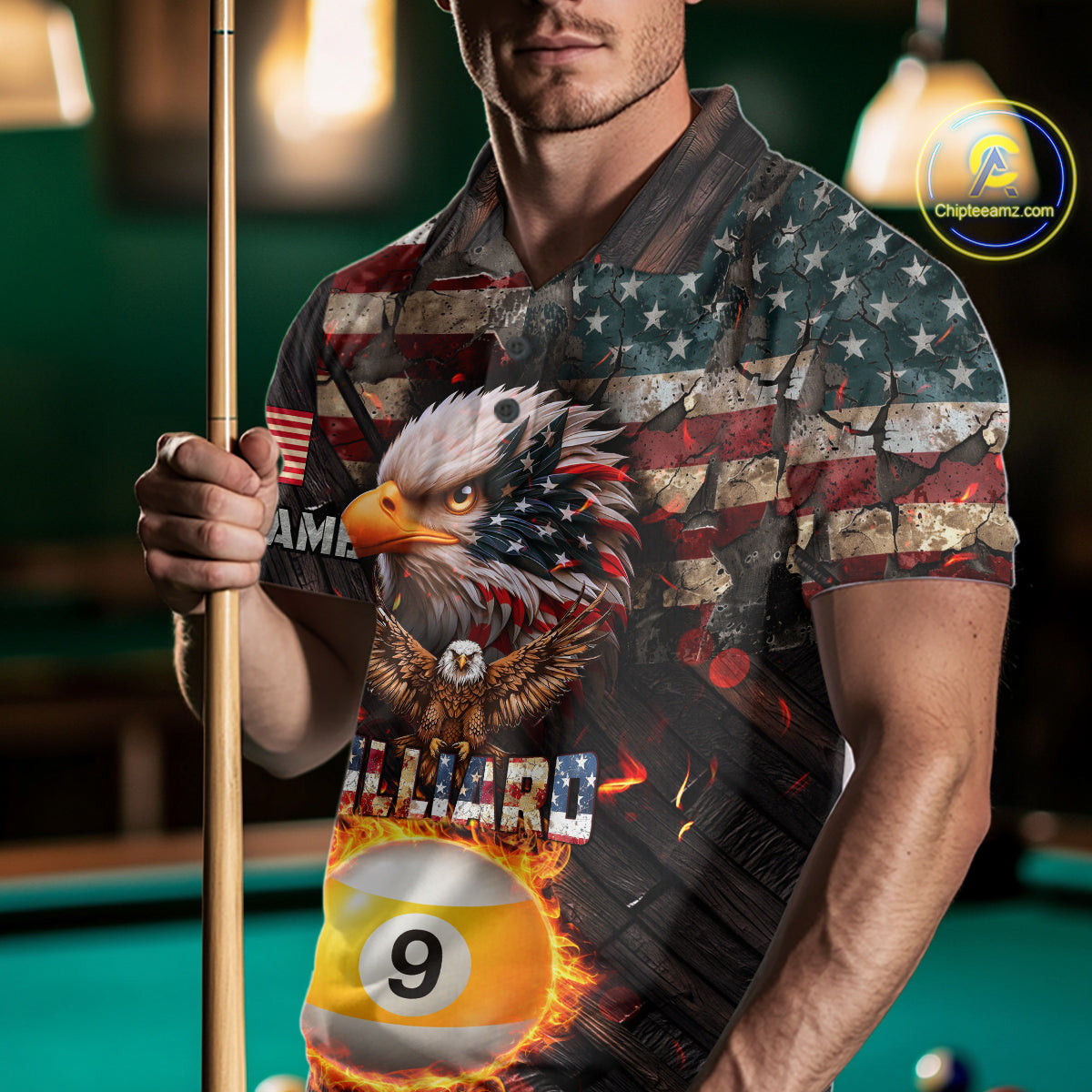 American Flag 9 Ball Fire Custom Eagle Billiard Shirt For Men, Patriotic Pool Jersey Polo, 1/4 Zip TDM5931