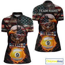 Load image into Gallery viewer, American Flag 9 Ball Fire Custom Eagle Billiard Shirt For Women, Patriotic Pool Jersey Polo, 1/4 Zip TDM5931