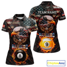 Load image into Gallery viewer, American Flag 8 Ball &amp; 9 Ball Fire Custom Eagle Billiard Shirt For Women, Patriotic Pool Team Jersey TDM5932