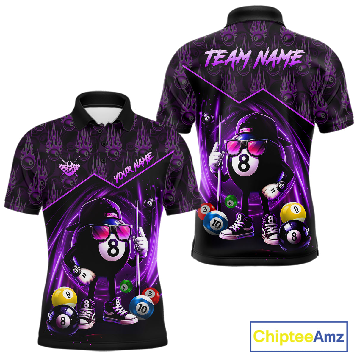 Purple Funny 8 Ball Pool Billiard Shirt For Men Custom Flame Billiard Team Jersey Polo & 1/4 Zip TDM6348
