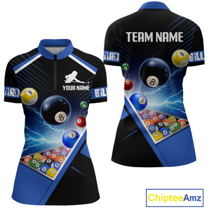 Customized Blue Thunder Lightning Strike Billiard Shirt For Women, Billiard Team Shirt Pool Jerseys TDM4009