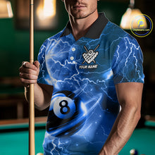 Load image into Gallery viewer, Man wearing a blue 8 ball thunder lightning billiard jersey beside a pool table front view.