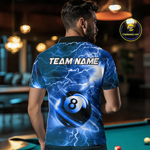 Load image into Gallery viewer, Back view of man wearing a blue thunder lightning 8 ball pool shirt in a billiards hall.
