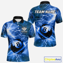 Load image into Gallery viewer, Blue 8 ball thunder lightning billiard polo shirt for men with custom pool team graphics.
