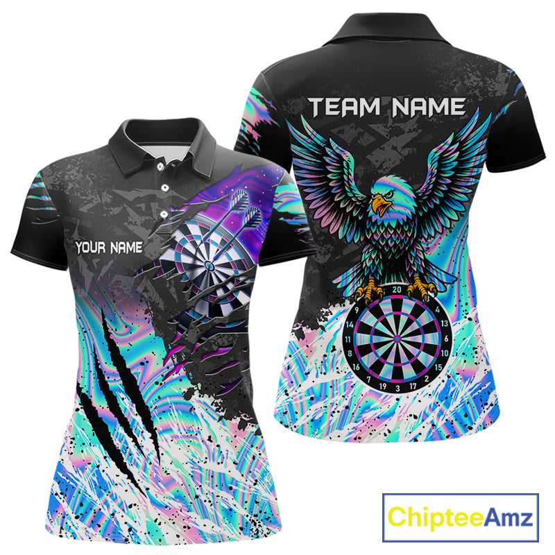 Custom holographic dartboard eagle darts team jersey polo shirt for women featuring a holographic eagle and dartboard design, premium custom darts league apparel.