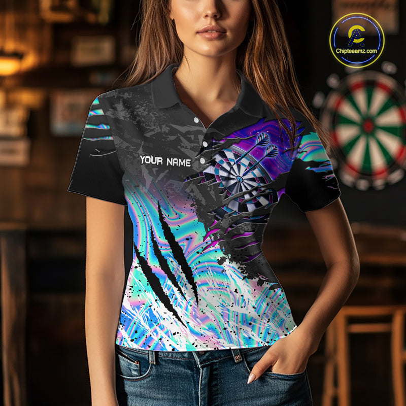 Woman wearing custom holographic dartboard eagle darts team jersey polo shirt featuring holographic eagle dartboard artwork, front view.
