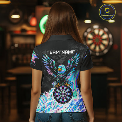 Woman wearing custom holographic dartboard eagle darts team jersey polo shirt featuring holographic eagle dartboard artwork, back view.