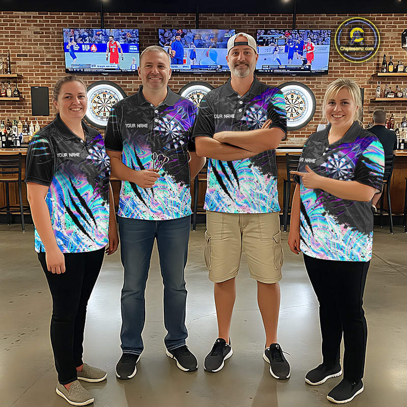 Man wearing custom holographic dartboard eagle darts team jersey quarter zip shirt featuring holographic eagle dartboard artwork, front view.