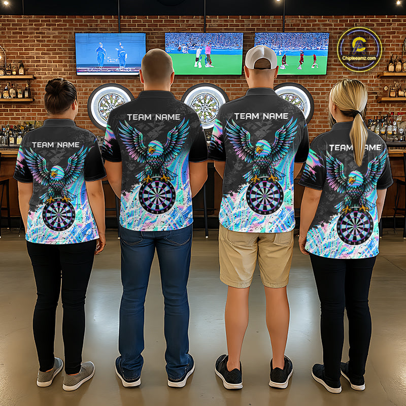 Darts team wearing matching custom holographic dartboard eagle darts team jerseys, front view.