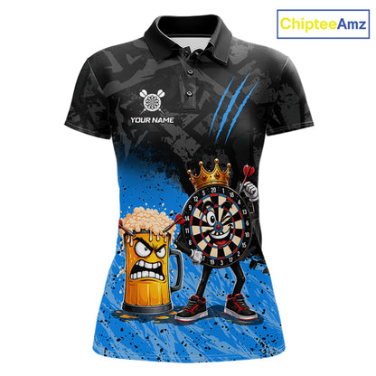 Personalized blue funny crown dartboard beer darts team jersey polo shirt for women featuring a crown dartboard and beer design, premium custom darts league apparel.
