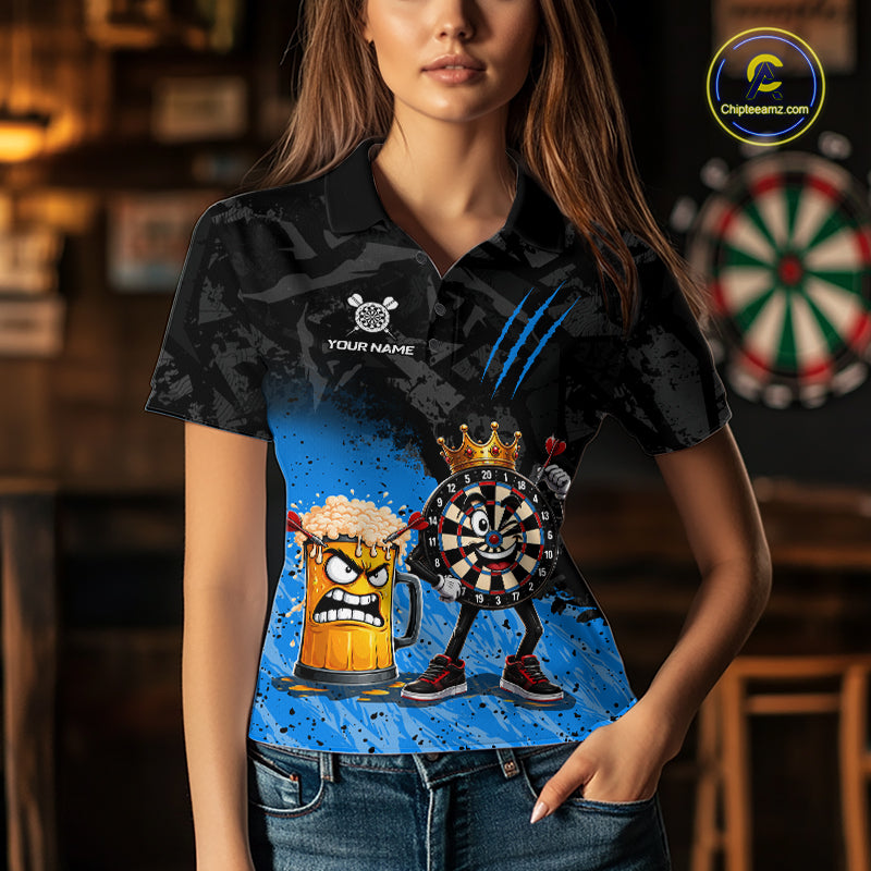 Woman wearing personalized blue funny crown dartboard beer darts team jersey polo shirt featuring crown dartboard beer artwork, front view.