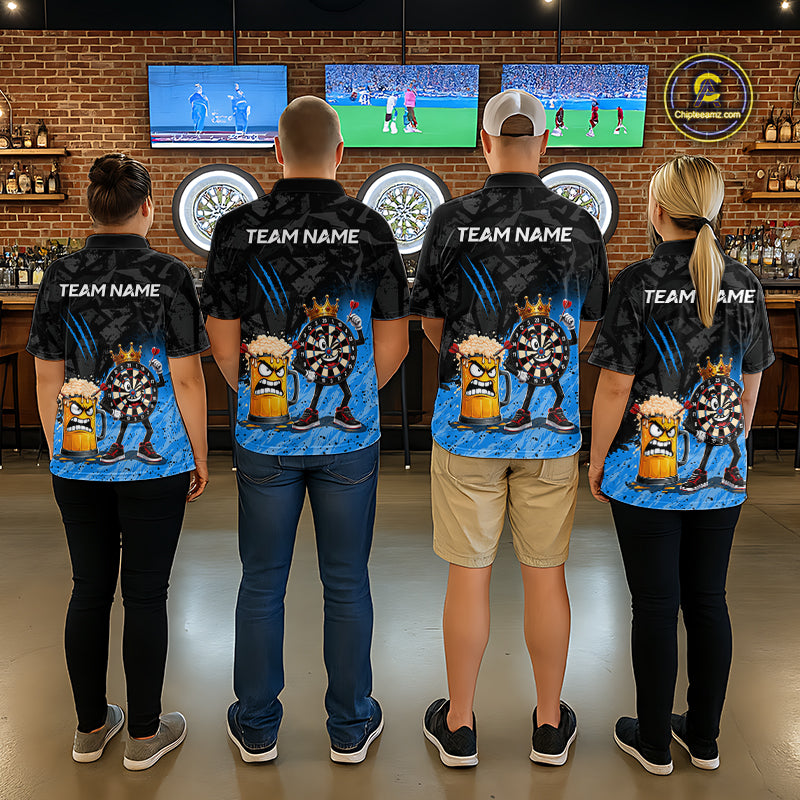 Darts team wearing matching personalized blue funny crown dartboard beer darts team jerseys, front view.