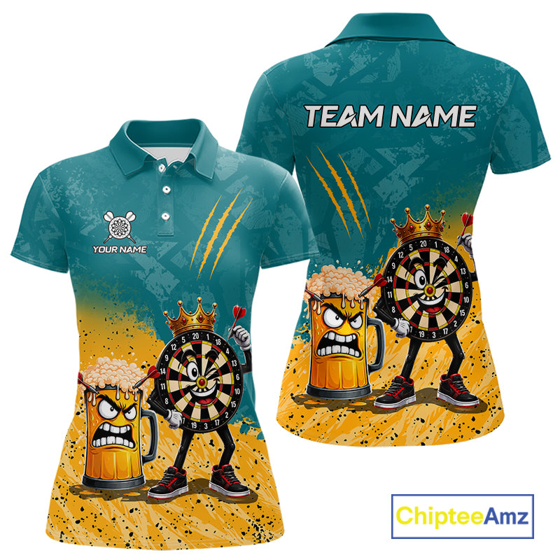 Personalized teal and yellow funny crown dartboard beer darts team jersey polo shirt for women featuring a crown dartboard and beer design, premium custom darts league apparel.