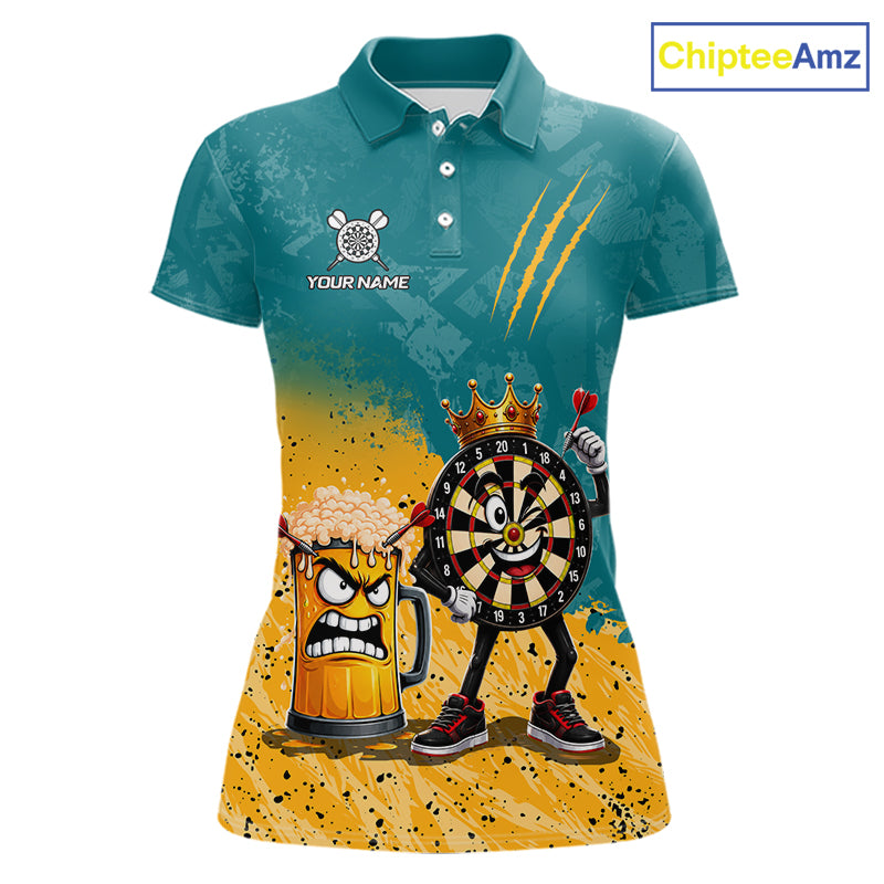 Personalized teal and yellow funny crown dartboard beer darts team jersey polo shirt for women featuring a crown dartboard and beer design, premium custom darts league apparel.