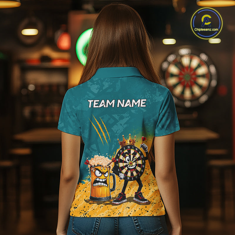 Woman wearing personalized teal and yellow funny crown dartboard beer darts team jersey polo shirt featuring crown dartboard beer artwork, back view.