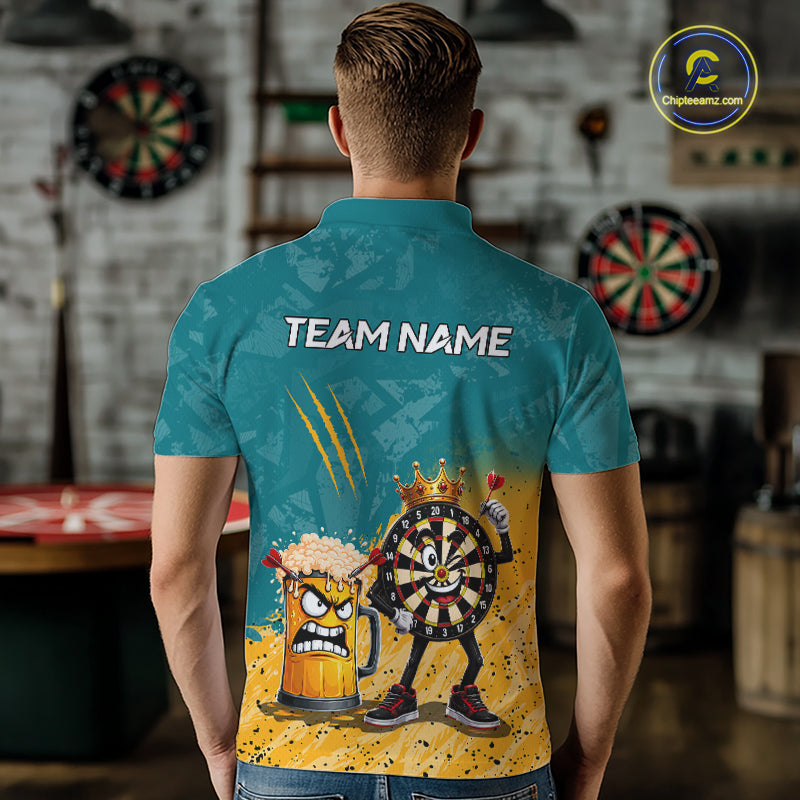 Man wearing personalized teal and yellow funny crown dartboard beer darts team jersey polo shirt featuring crown dartboard beer artwork, back view.
