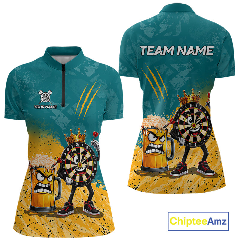 Personalized teal and yellow funny crown dartboard beer darts team jersey quarter zip shirt for women featuring funny crown dartboard beer artwork, premium custom darts apparel.