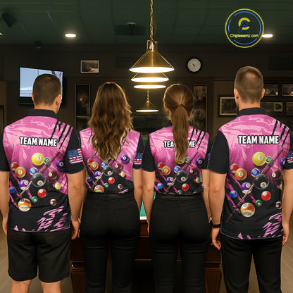 Personalized Pink Black Billiard Shirt For Women Custom 8 Ball Pool Billiard Jersey Polo & 1/4 Zip TDM5472