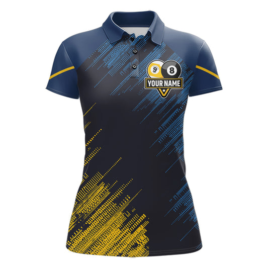 Personalized Blue Yellow 8 Ball & 9 Ball Pool Polo & 1/4 Zip For Women Custom Team Billiard Jersey TDM5745
