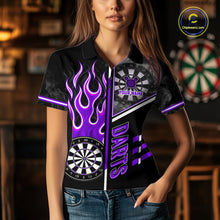 Load image into Gallery viewer, Black And Purple Flaming Smoke Darts Shirt For Women Custom Darts Jersey Team Polo &amp; 1/4 Zip TDM6096